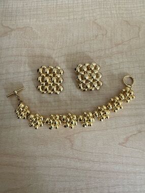 Gold Floral Cluster Bracelet and Clip-On Earrings Set